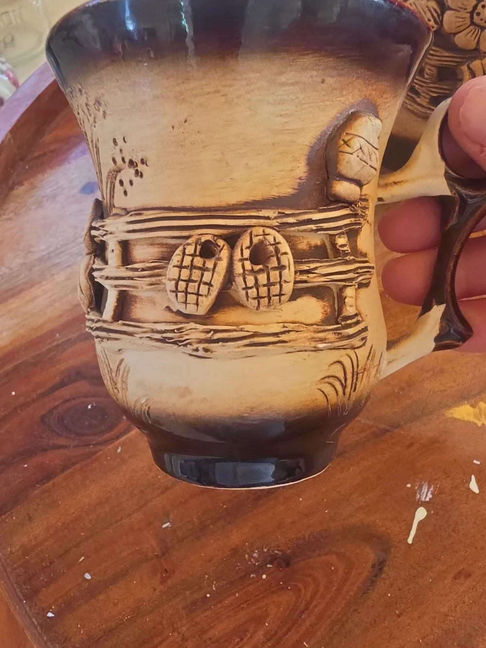 Handcrafted Beige and Brown Ceramic Pitcher with Matching Mugs Cottagecore
